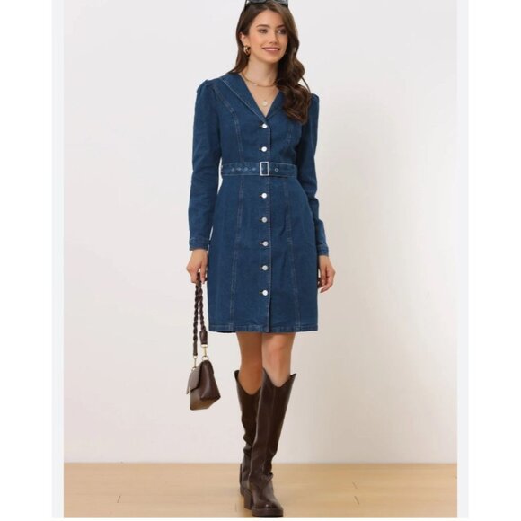NWT Blue Denim Button-Up Dress With Belted Waist By Allega K - Size M - Picture 4 of 15